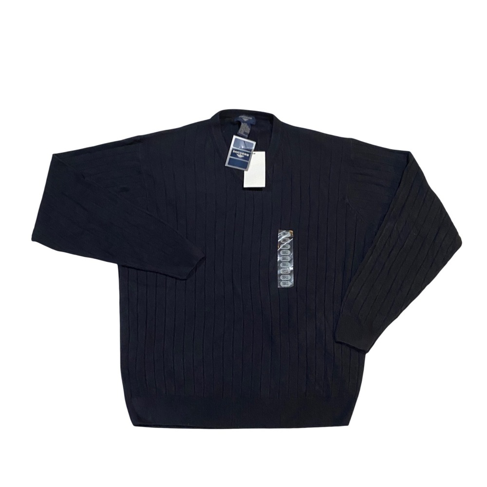 Dockers Mens V-Neck Sweater Navy Blue Ribbed Knit Acrylic Long Sleeve Small NEW